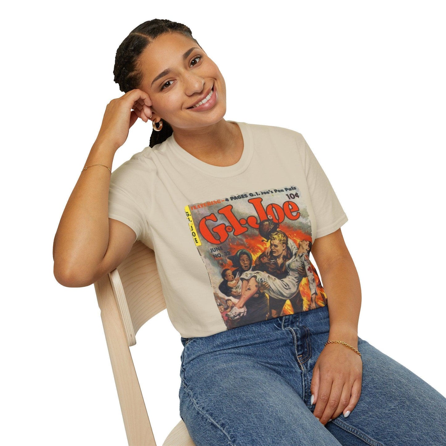 Close-up of the G.I. Joe No.32 softstyle t-shirt fabric showcasing the light heathered oatmeal color and subtle textured