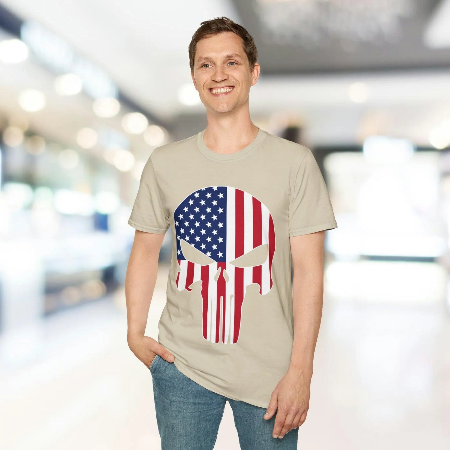 Close-up of the American Skull Flag graphic detailing vibrant red, white, and blue colors on soft, relaxed fit cotton
