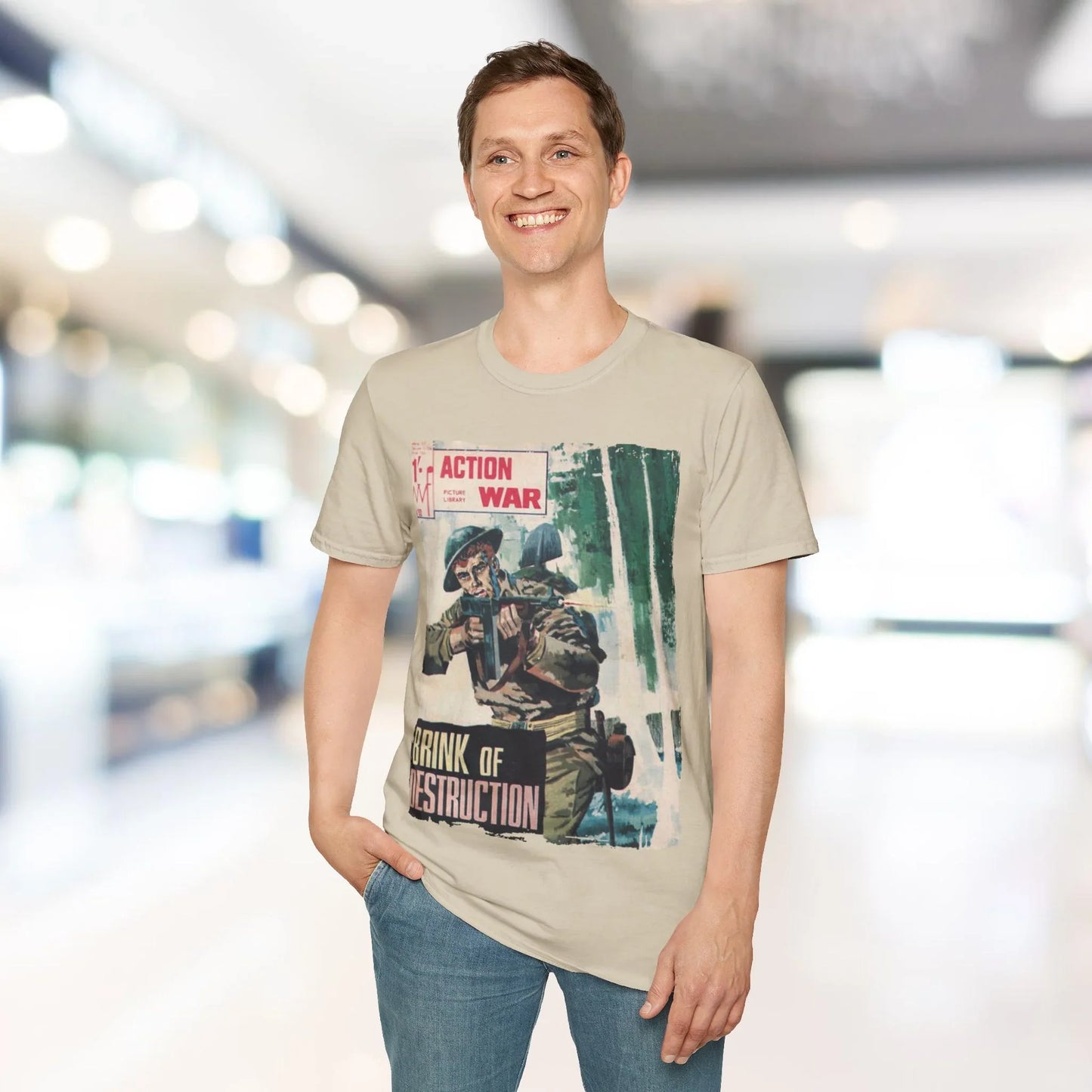 Close-up of the unisex softstyle T-shirt's breathable cotton fabric showing subtle texture and relaxed fit stitches from a