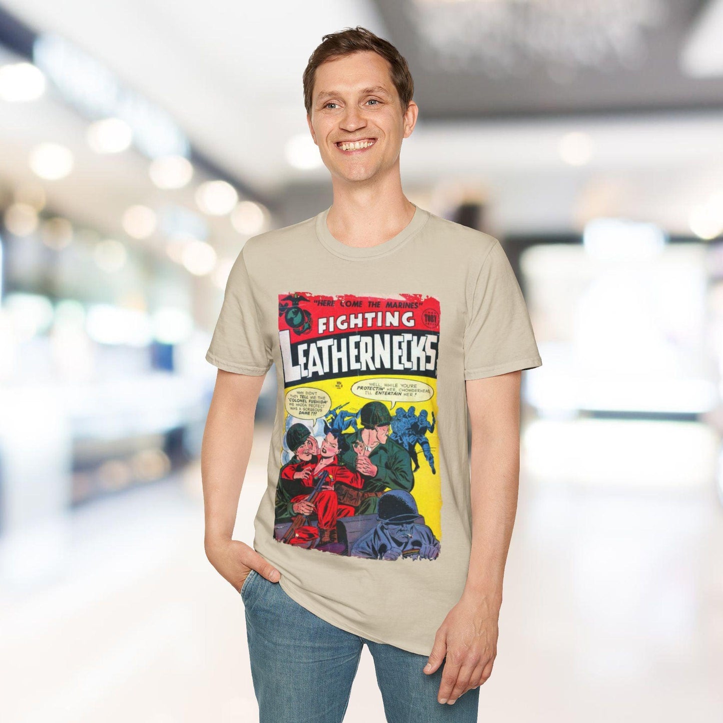 Close-up of the unisex softstyle fabric tag featuring Fighting Leathernecks #3 design on relaxed fit black T-shirt, detailed