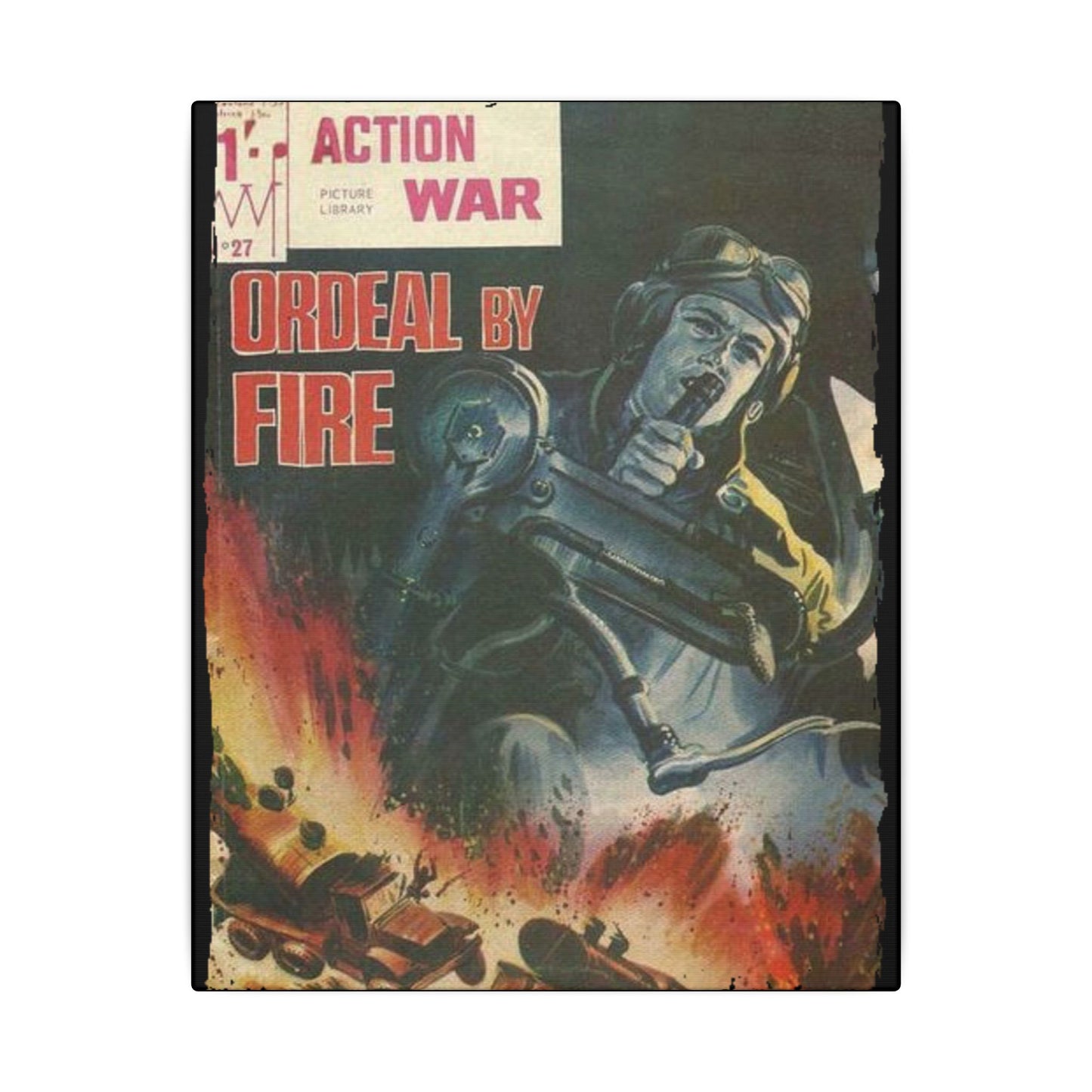 Close-up of the Action War #27 canvas edge showing detailed stitching and textured fabric finish in muted military green