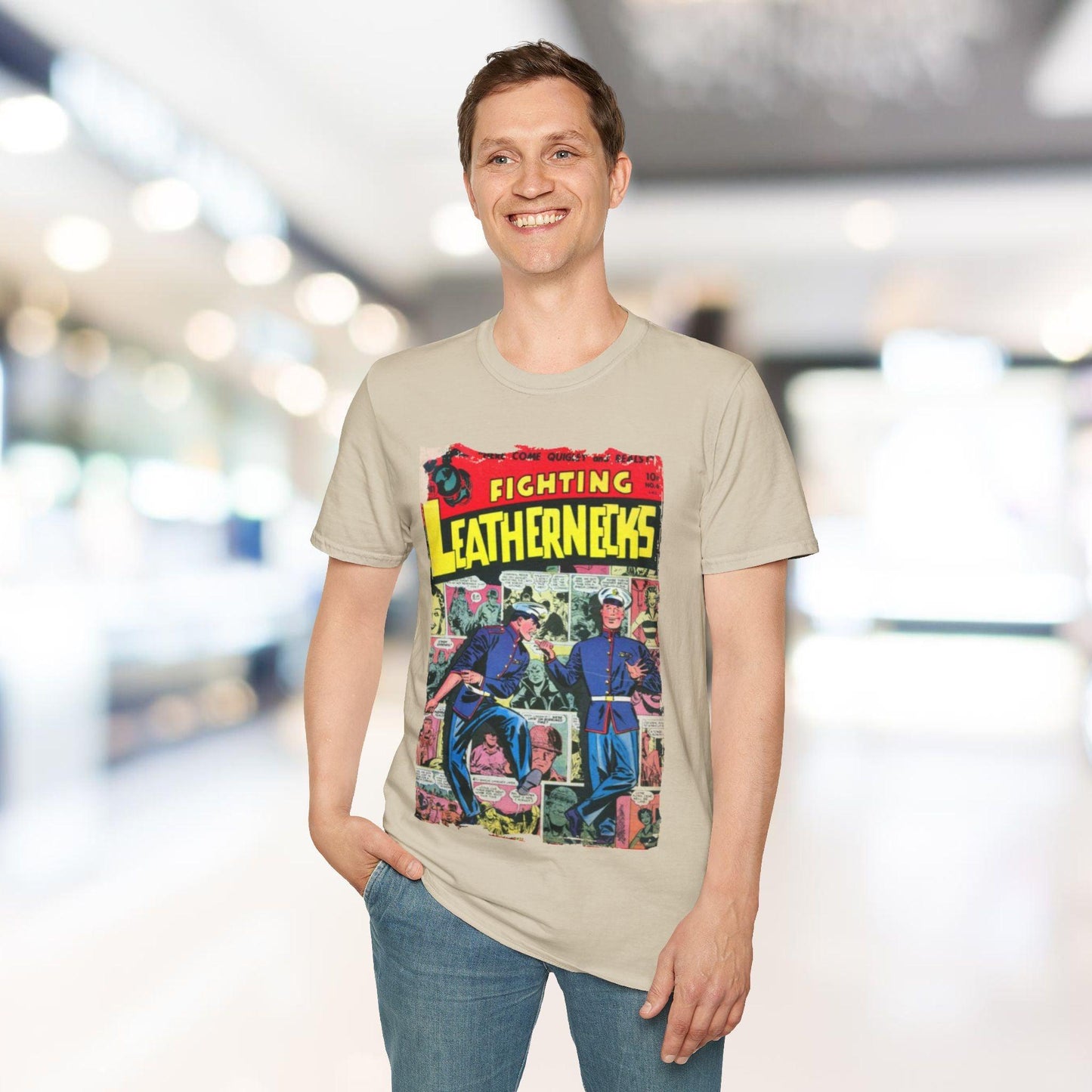 Close-up of the Fighting Leathernecks #6 graphic print on the chest area, showcasing vibrant colors and detailed design on