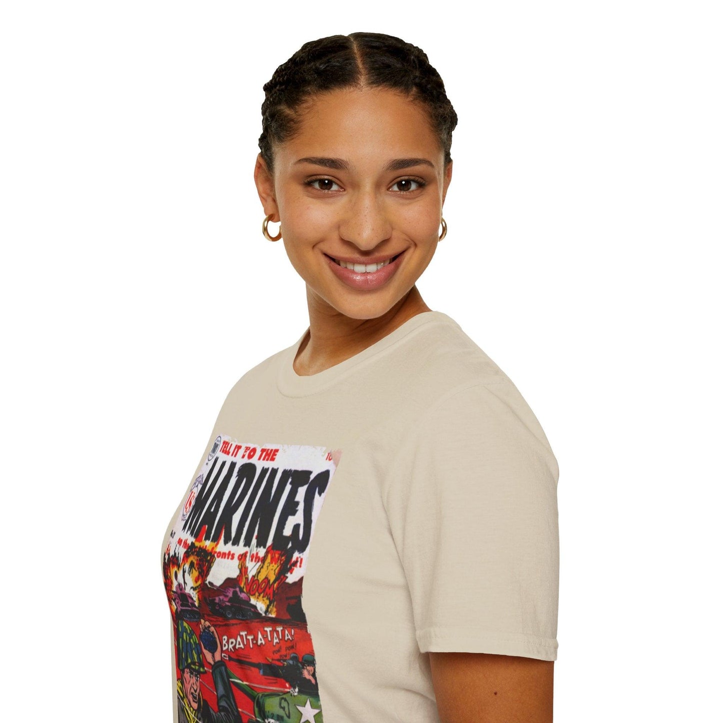 Woman wearing a t-shirt with a graphic design on a white background