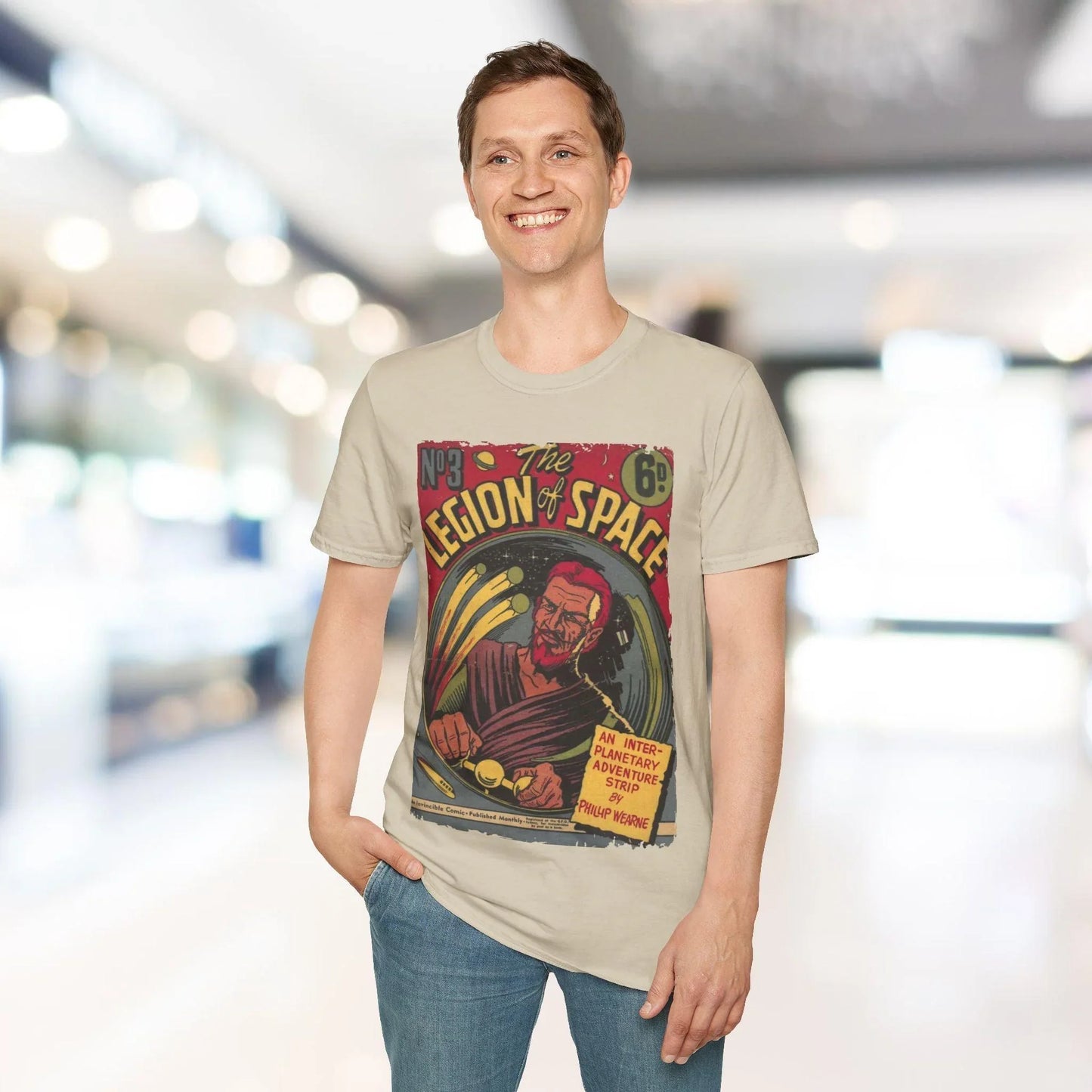 Close-up of the Legion of Space No.3 T-shirt’s back neckline label on relaxed fit, showing cotton blend fabric and clean