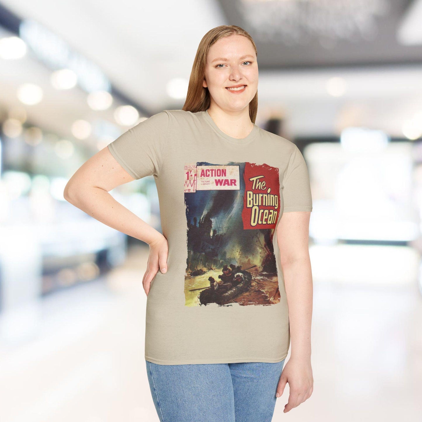 Rear neckline detail showing the "Action War #17" label stitched on relaxed fit heather gray cotton T-shirt with soft