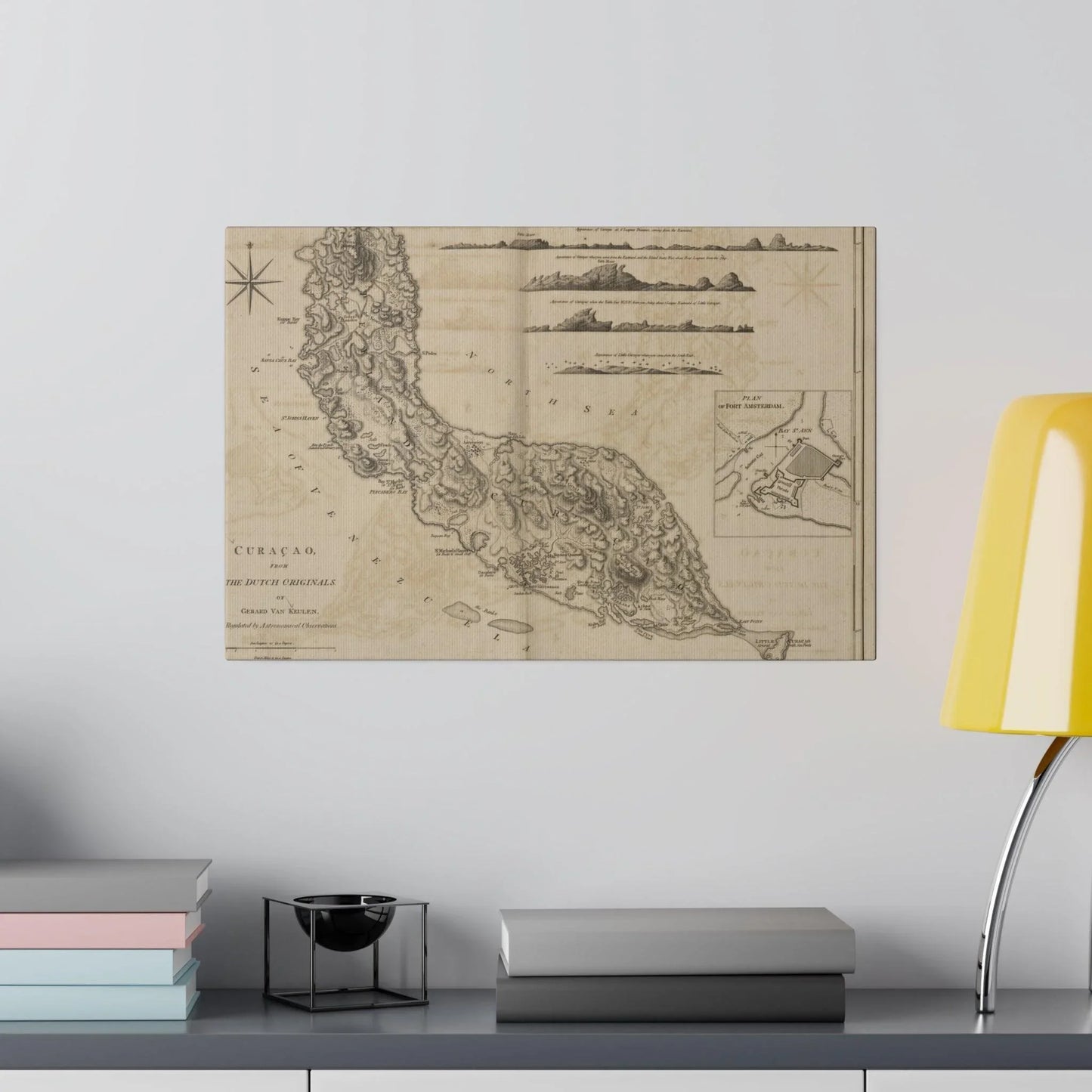 Detail of vibrant map colors and intricate coastline lines from the Curacao print, showcasing fine artistic brushwork on