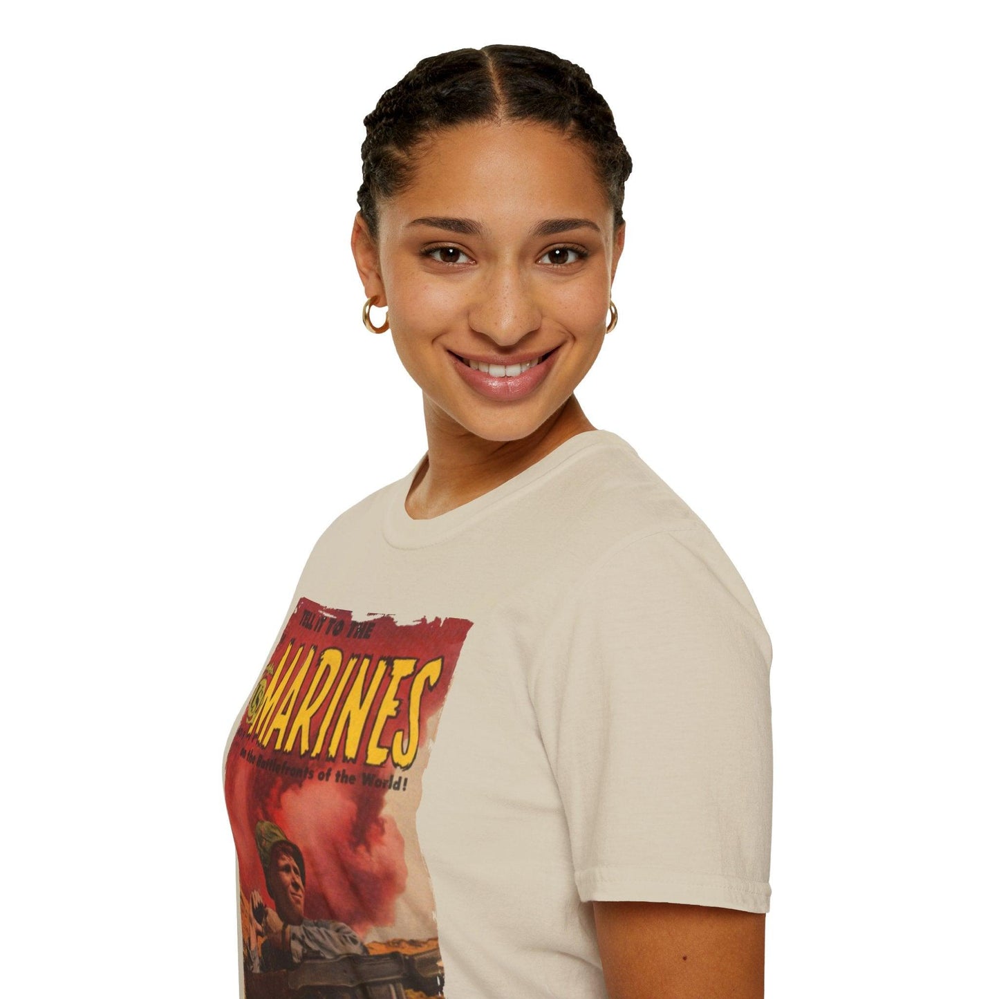Person wearing a t-shirt with a graphic design on a white background
