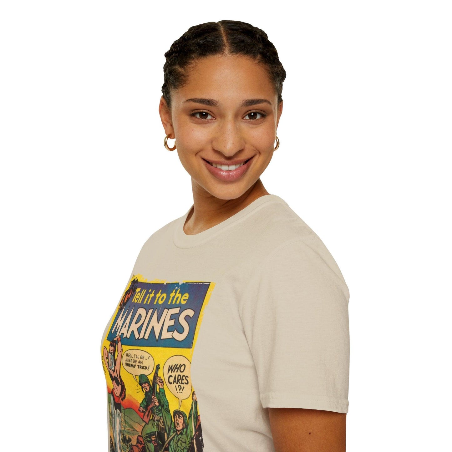 Person wearing a t-shirt with a graphic design on a white background