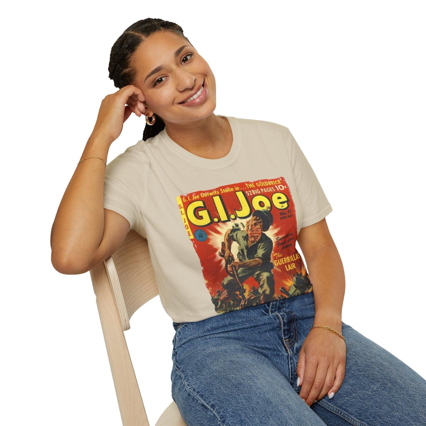 Close-up of the G.I. Joe No.11 Apr unisex softstyle T-shirt's collar stitching and vibrant charcoal color on a flat surface