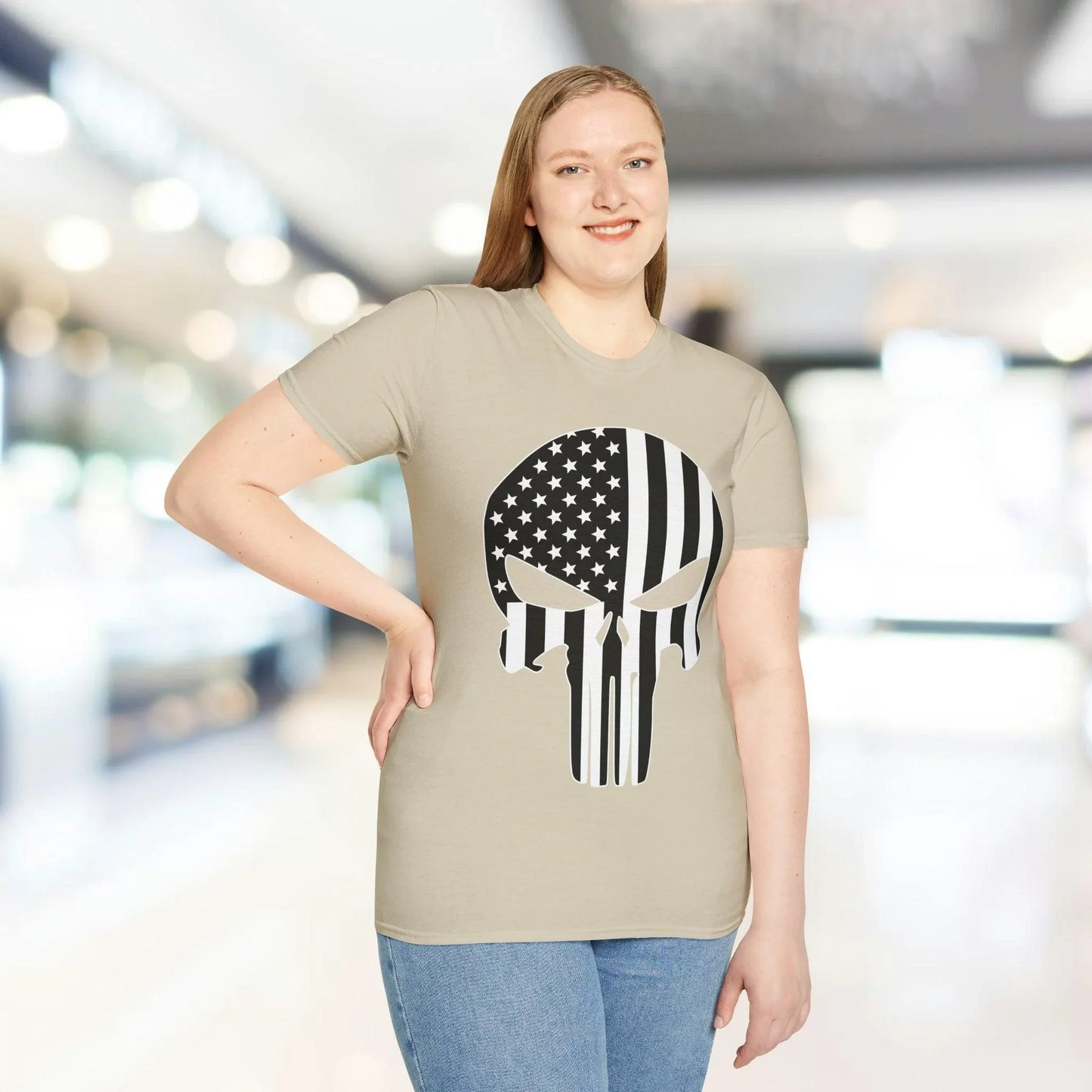 Close-up of the American Skull Flag B&W T-shirt neckline displaying soft cotton fabric and reinforced stitching detail.