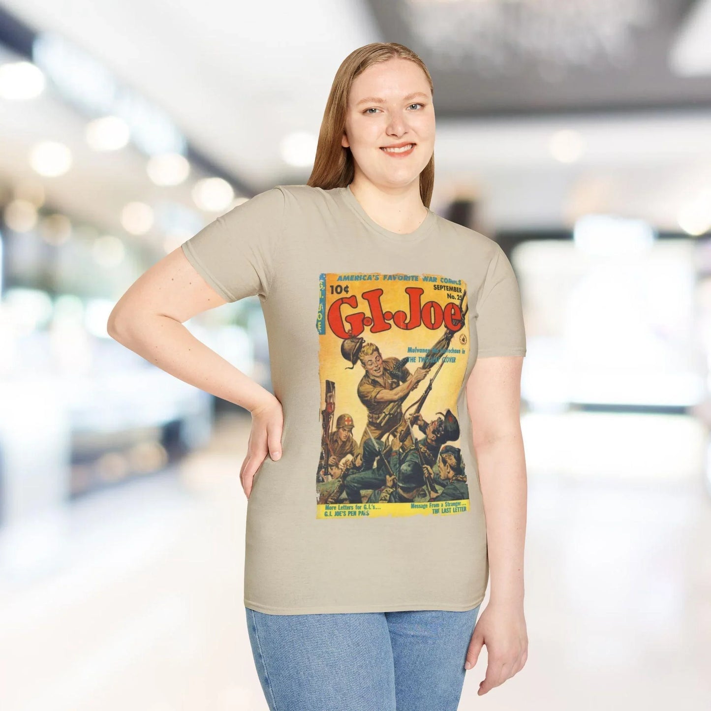 Close-up of the G.I. Joe No.25 unisex softstyle T-shirt's neckline and sewn label, showcasing smooth cotton fabric and white