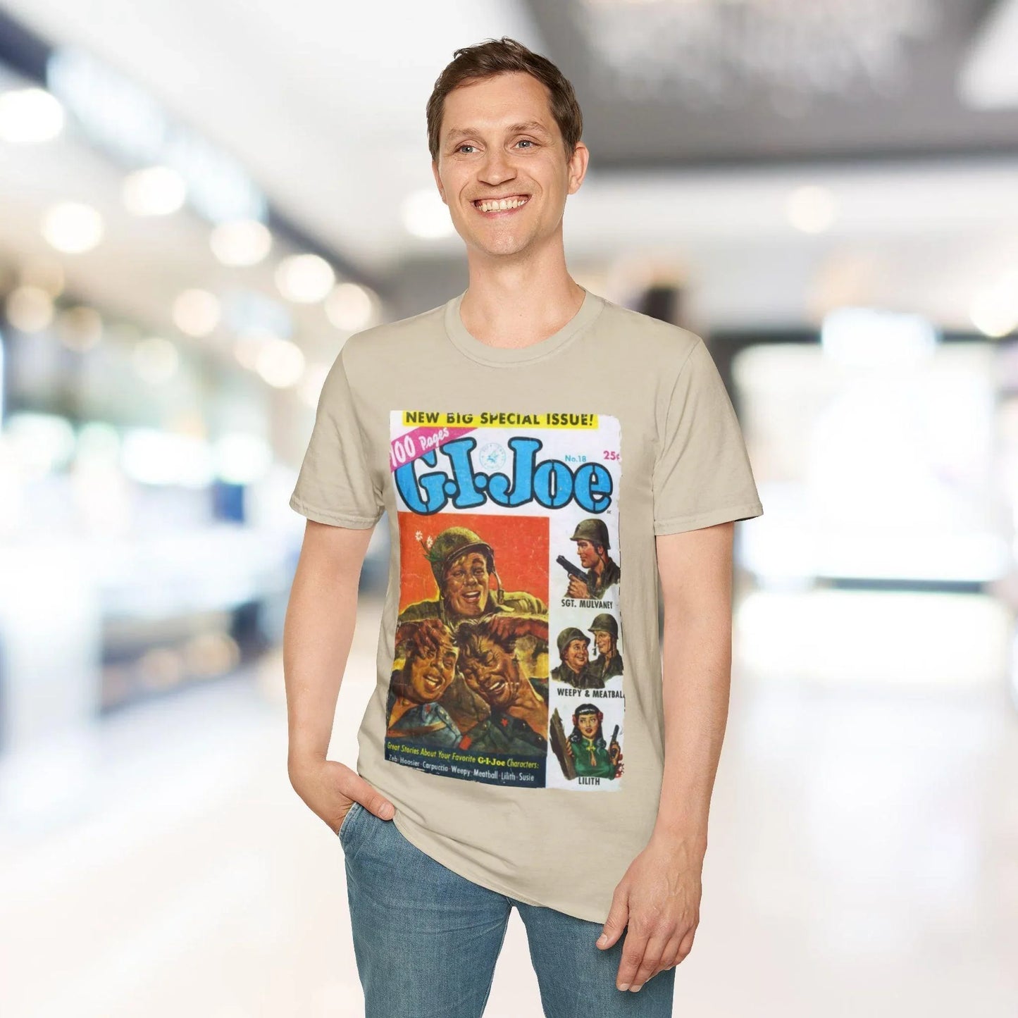 Close-up of the unisex softstyle fabric label, showing the "G.I. Joe No.18" branding on a relaxed fit navy T-shirt neckline