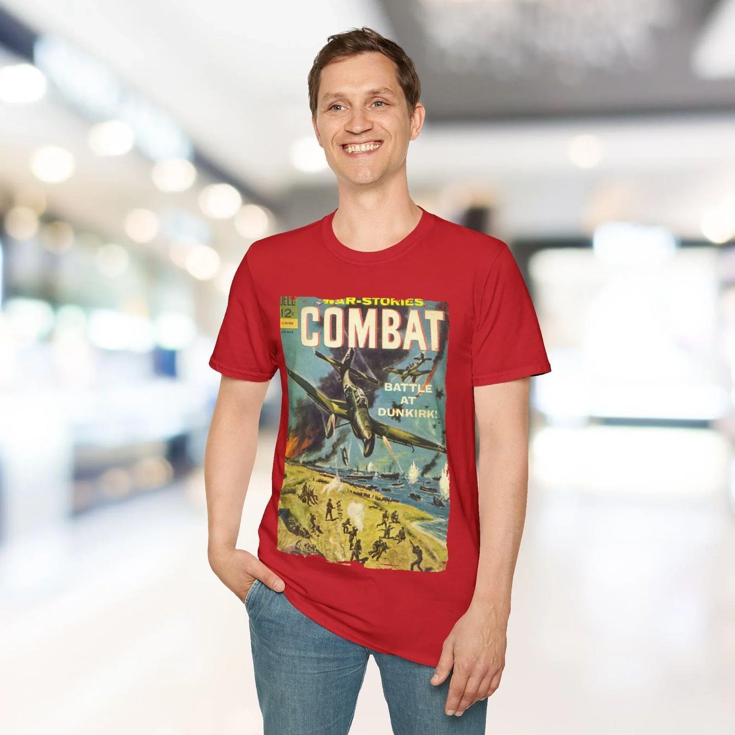 Close-up of the Combat March 1965 unisex softstyle T-shirt’s vibrant front graphic detail, showing distressed print texture