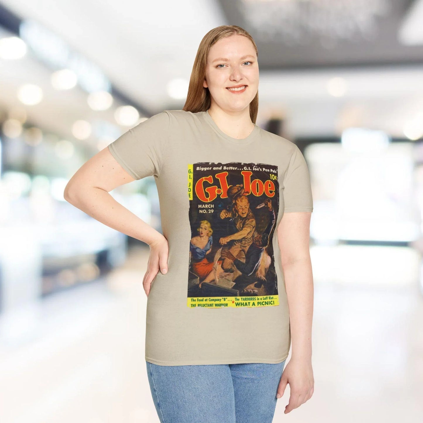 Close-up of the G.I. Joe No.29 unisex softstyle T-shirt fabric showing soft cotton blend and subtle heather texture from a
