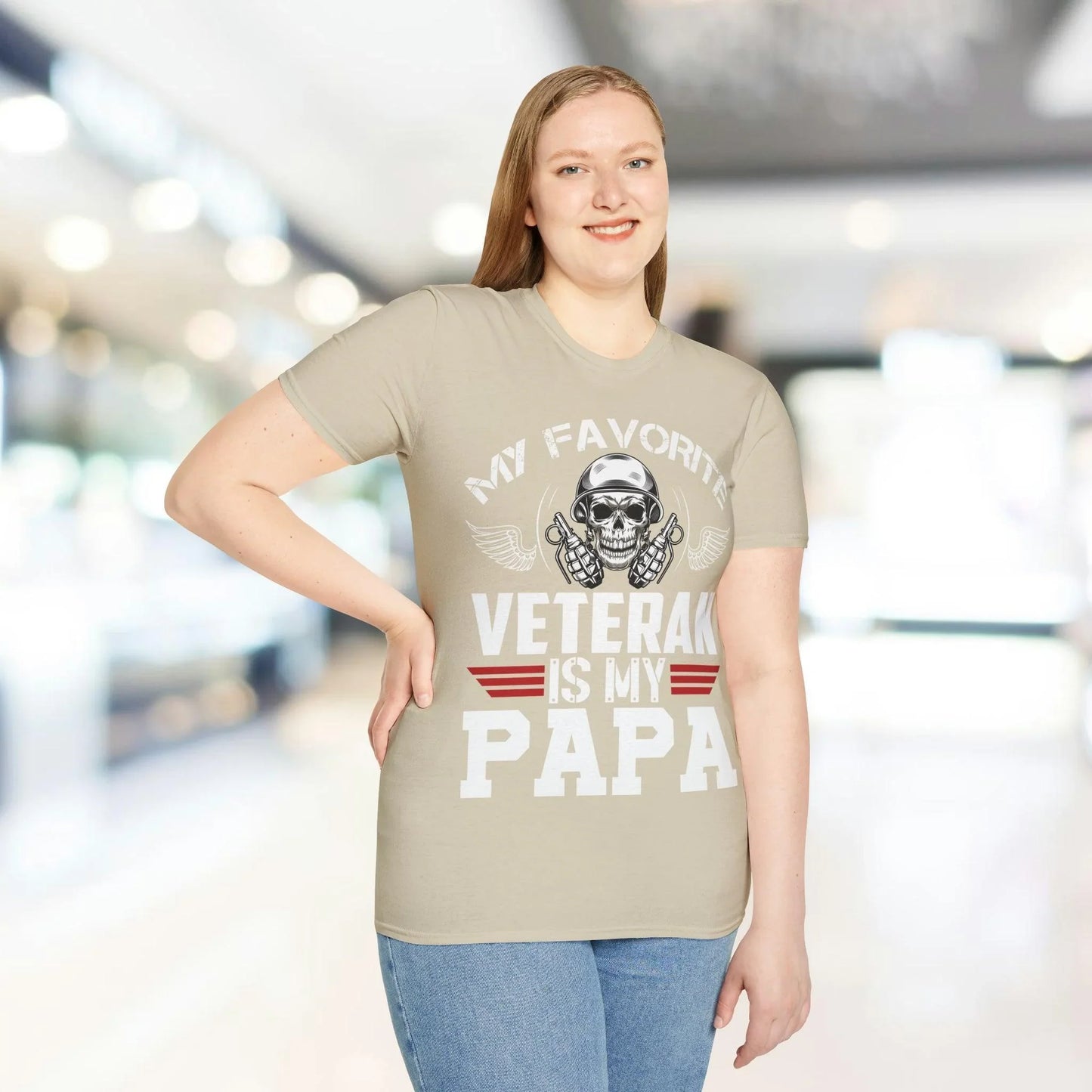 Close-up of the Favorite Veteran Papa T-Shirt back tag showing soft cotton fabric and relaxed fit details