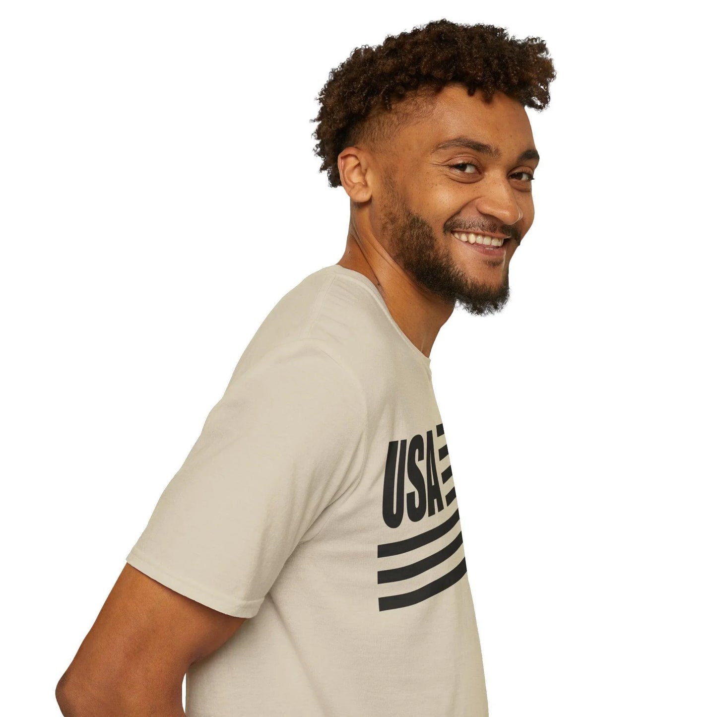 Close-up of the unisex black-and-white American flag print on soft, breathable cotton fabric with crew neckline and short