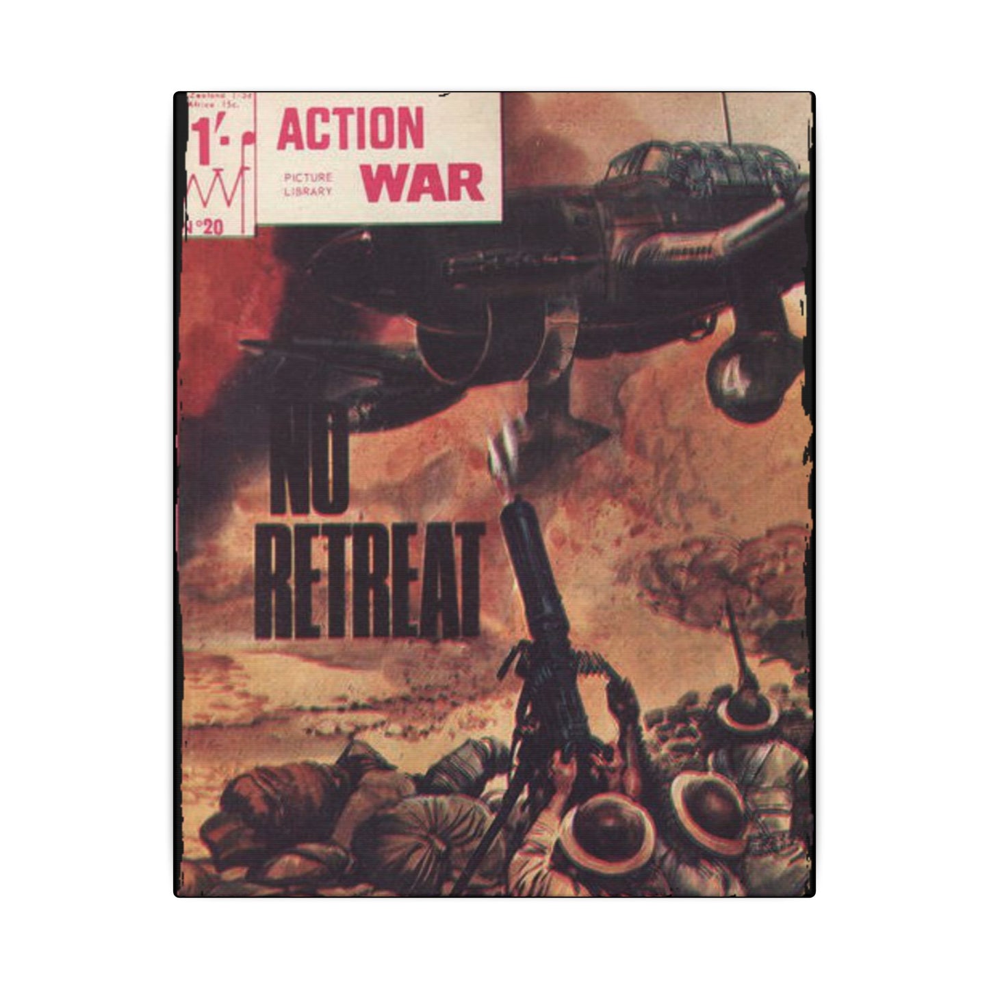 Close-up of the Canvas material’s textured weave and vibrant color edge detail on the Action War #20 poster.