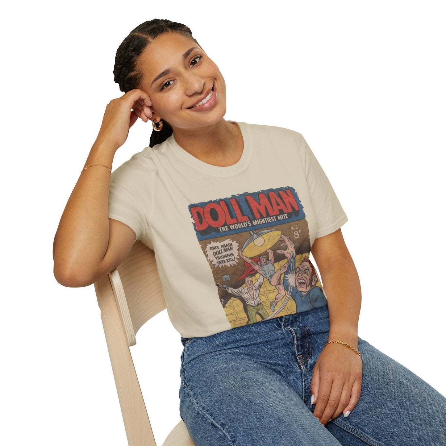 Close-up of the Doll Man No.3 softstyle T-shirt neckline highlighting the sewn collar and smooth fabric texture in vibrant