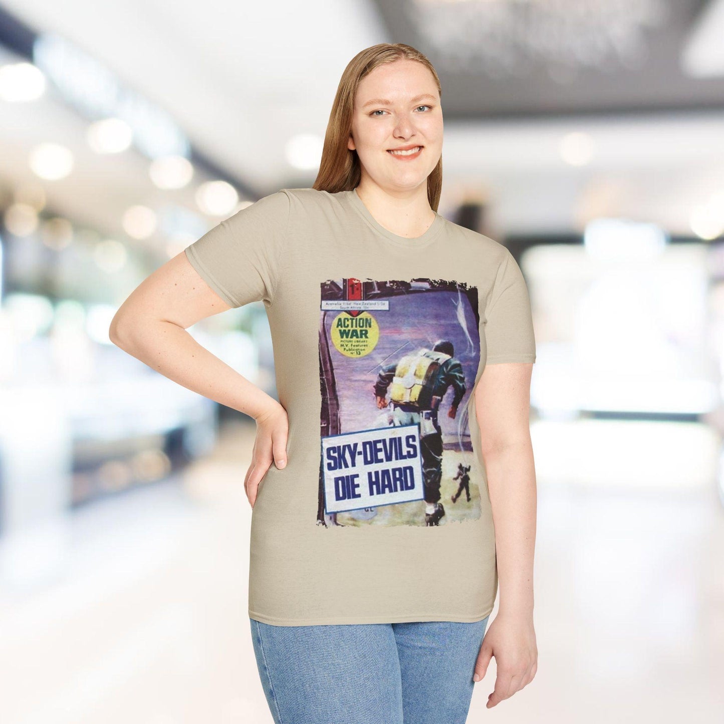 Close-up of the unisex softstyle T-shirt's vibrant teal fabric showing subtle textured knit and relaxed fit collar detail