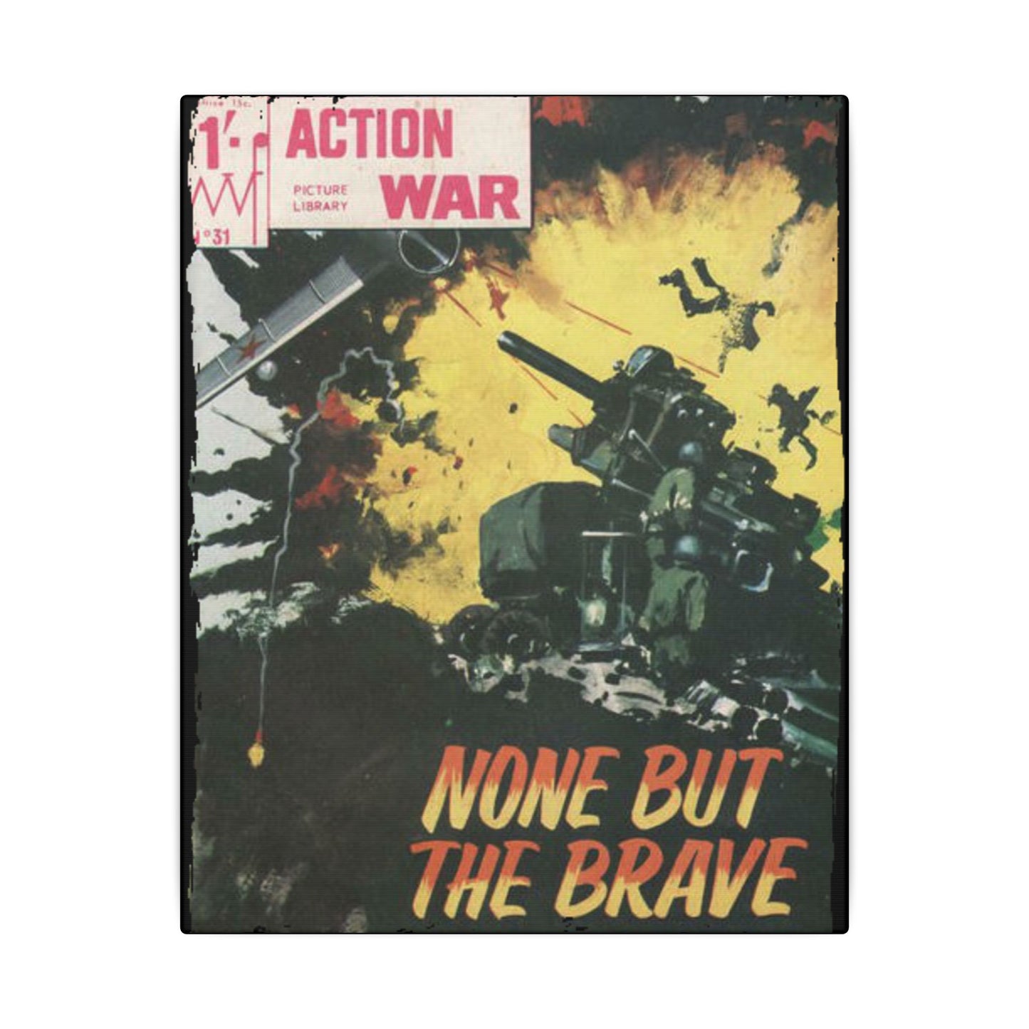 Close-up of the textured canvas surface highlighting the detailed paint strokes and vintage-style lettering of Action War #31