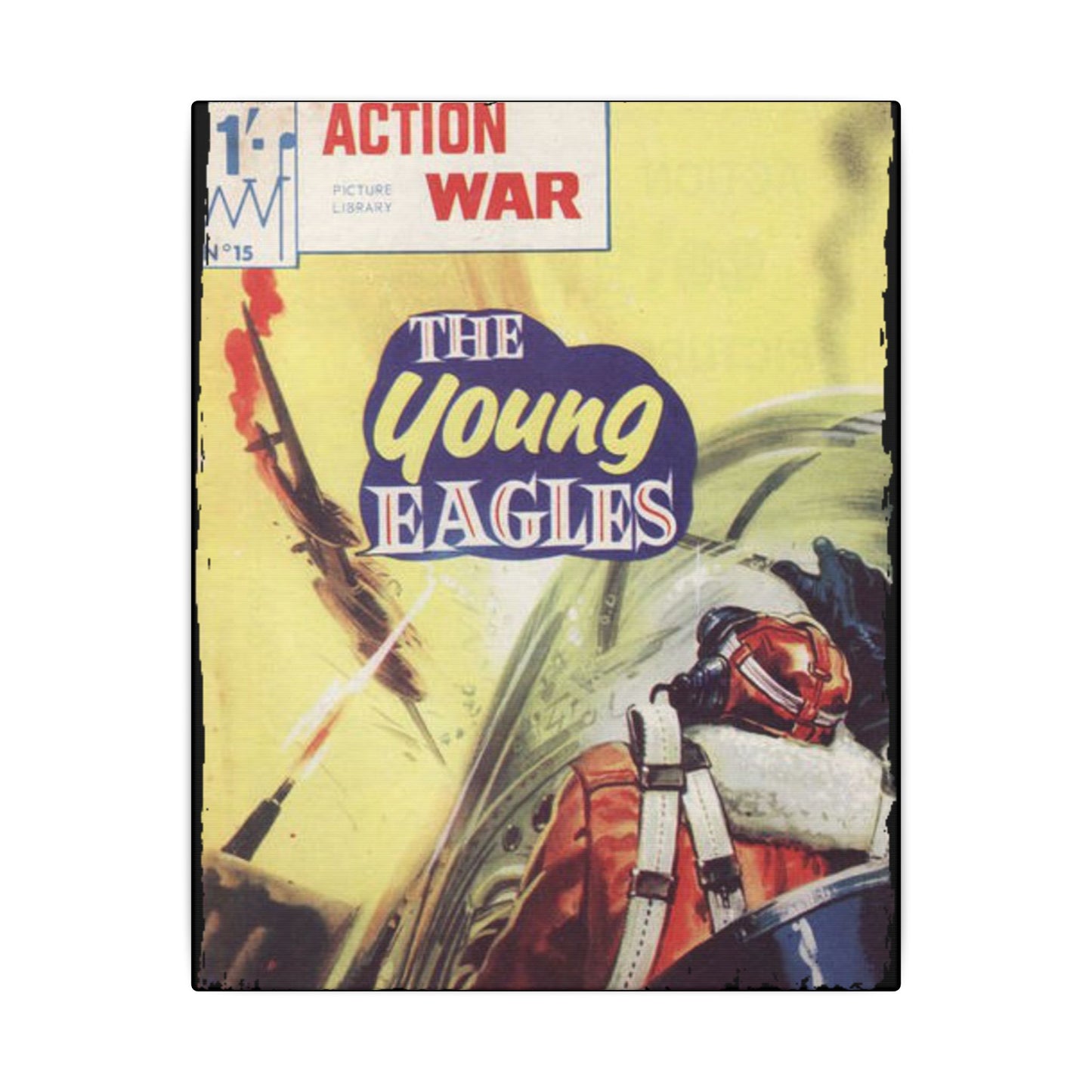 Close-up of the textured canvas surface revealing fine weave and subtle brushstroke details of Action War #15 artwork.