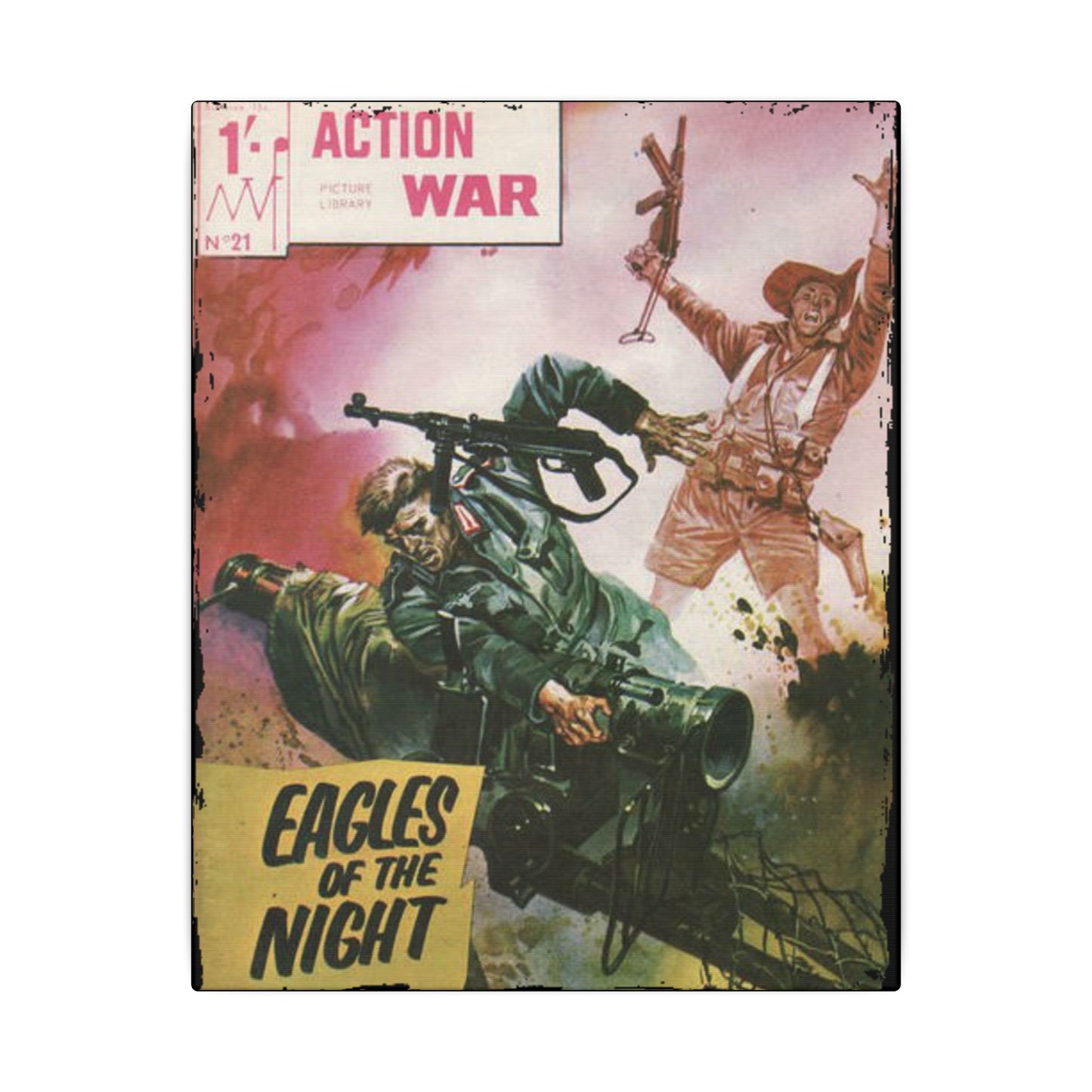 Close-up of the textured canvas surface highlighting the detailed brushstroke finish and subtle color variations in Action