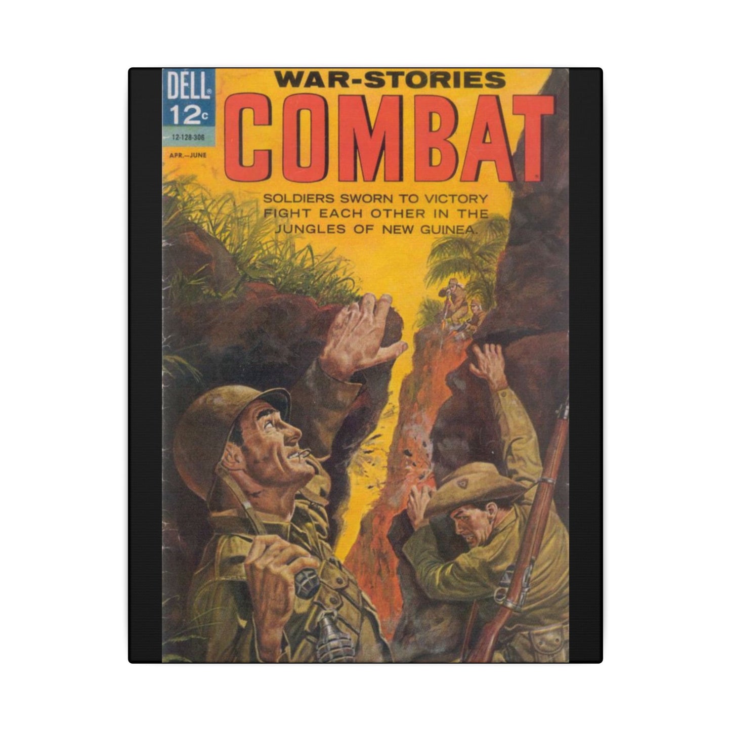 Close-up of textured canvas fabric revealing subtle weave detail and matte finish on the Combat, June 1963 artwork.