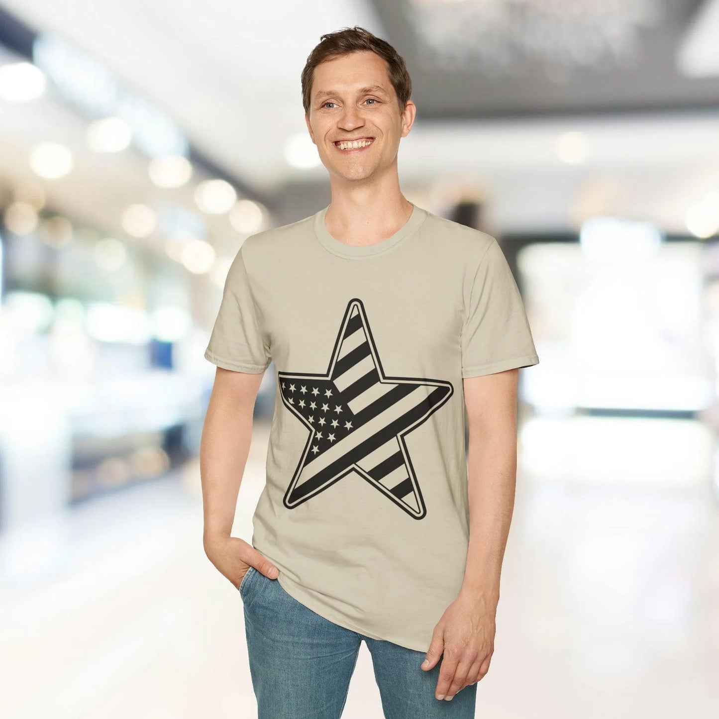 Close-up of the soft, black and white American flag star graphic on the relaxed fit, crew neckline T-shirt fabric texture at