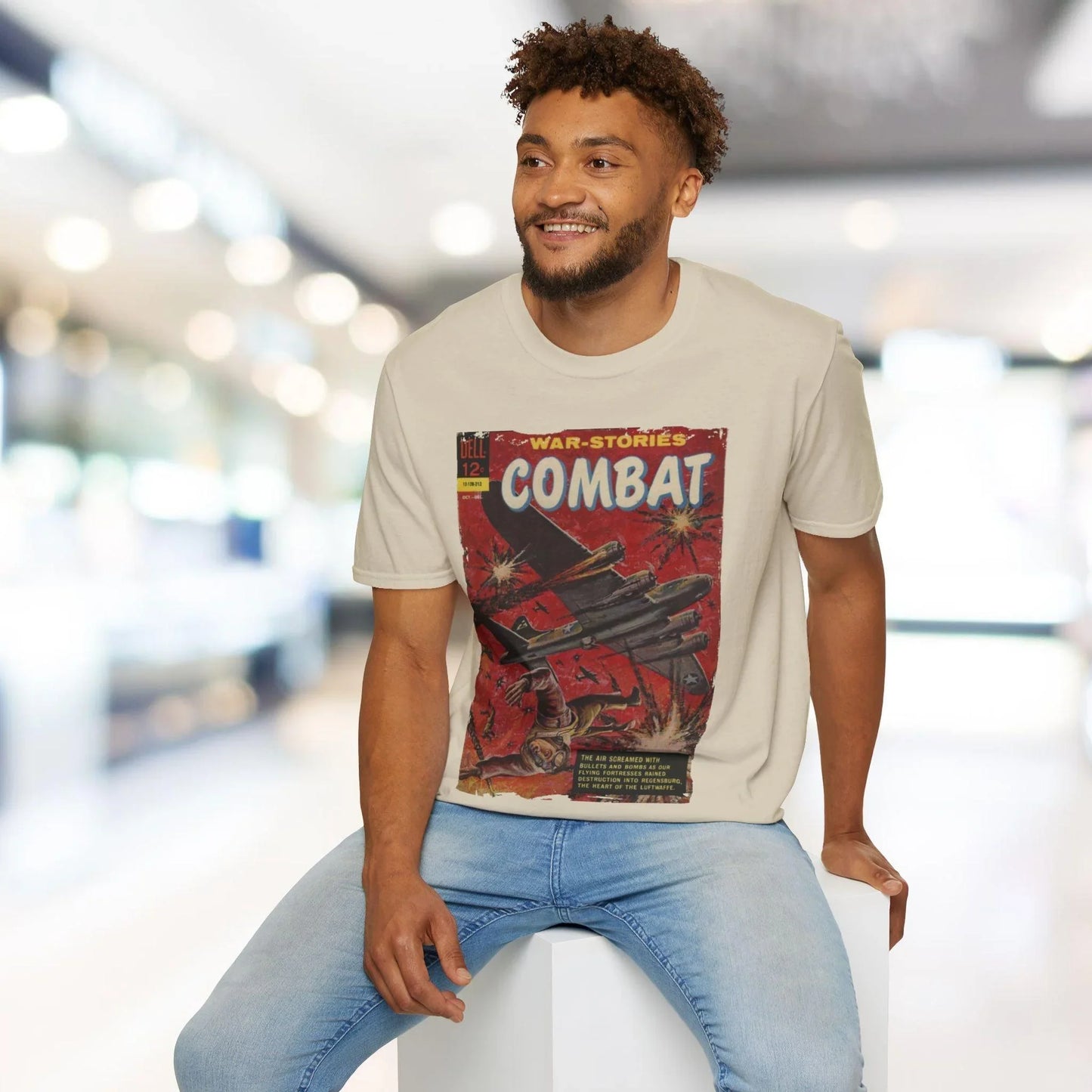 Close-up of the Combat Dec 1962 unisex softstyle T-shirt's fabric texture and subtle stitching detail at the sleeve hem in