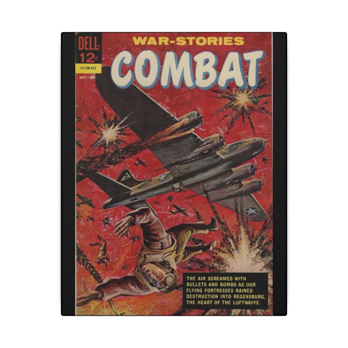 Close-up of textured canvas fabric highlighting the detailed weave and vintage “Combat, Dec 1962” print at an angled view.