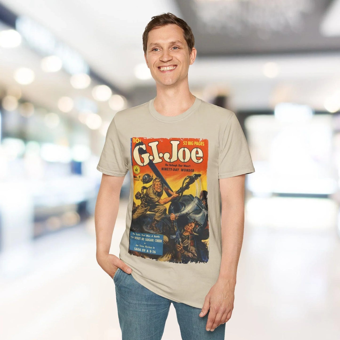 Close-up of the G.I. Joe No.7 unisex softstyle T-shirt's navy fabric featuring a subtle textured weave and reinforced crew