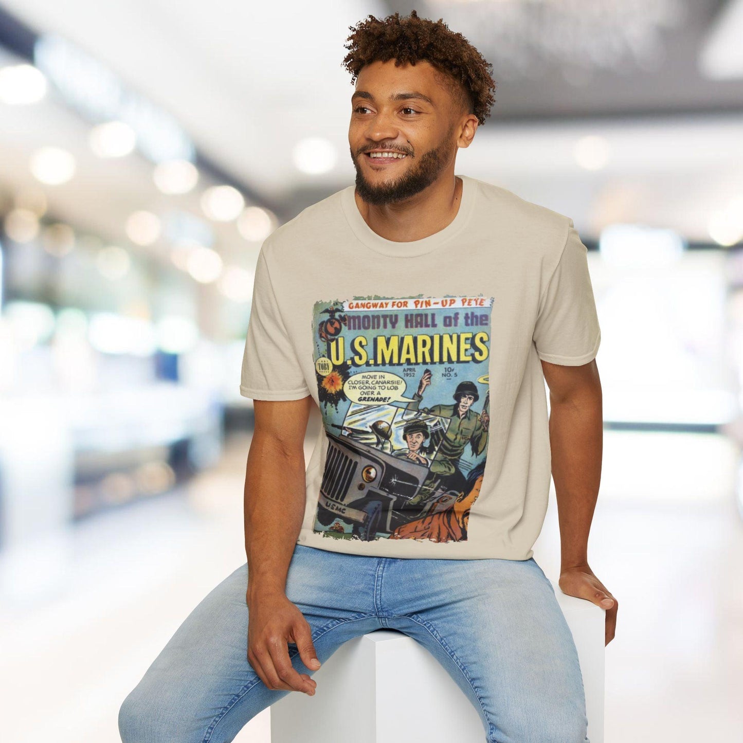 Man wearing a t-shirt with a comic book design of U.S. Marines.