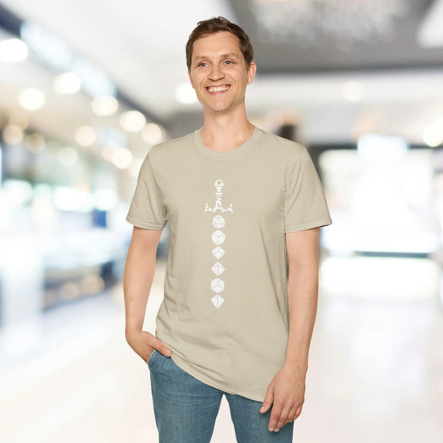 Front neckline detail showcasing the crisp white color and soft cotton fabric of the Dice Sword White unisex t-shirt.