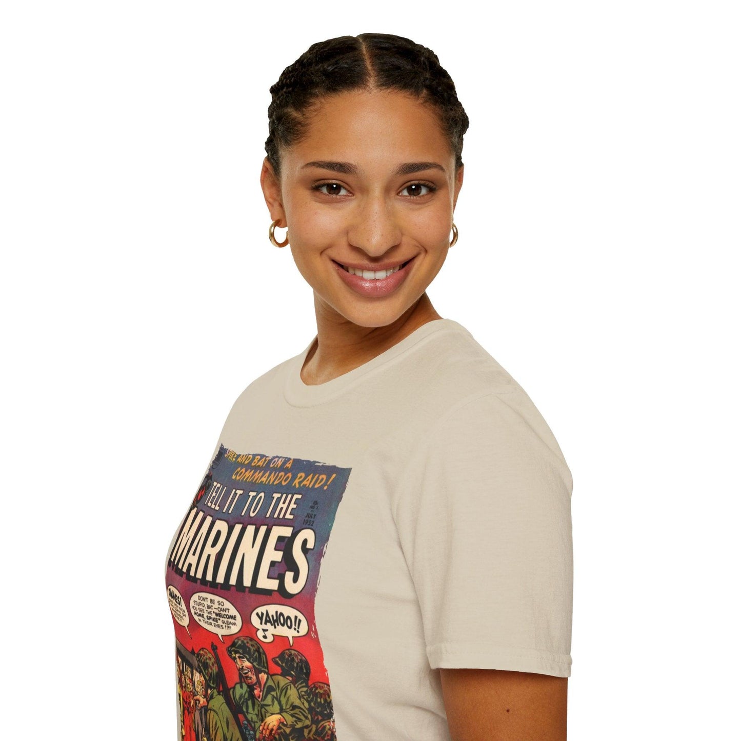 Person wearing a t-shirt with a graphic design on a white background