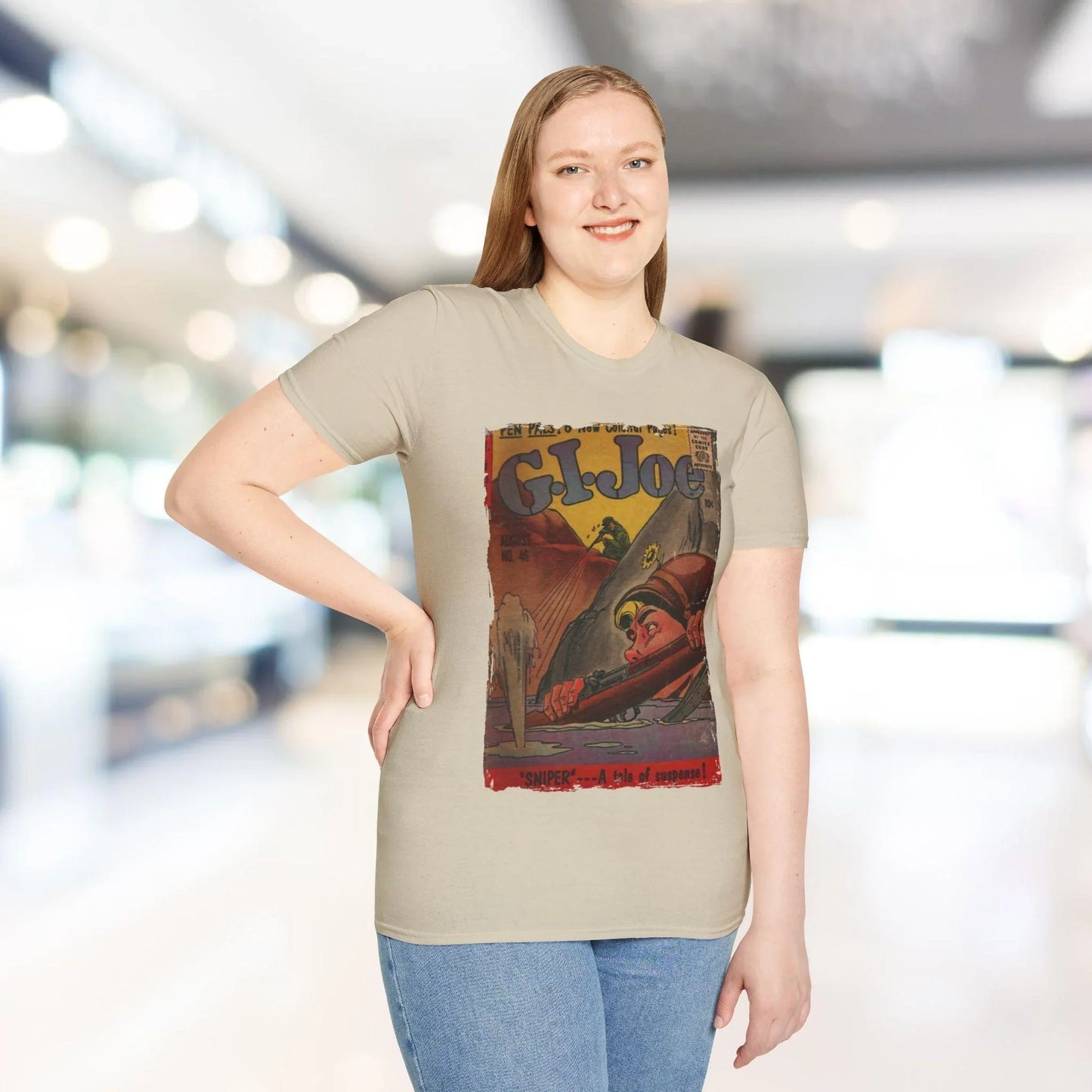 Close-up of the unisex softstyle T-shirt’s fabric showing subtle heather texture and reinforced stitched neckline detail