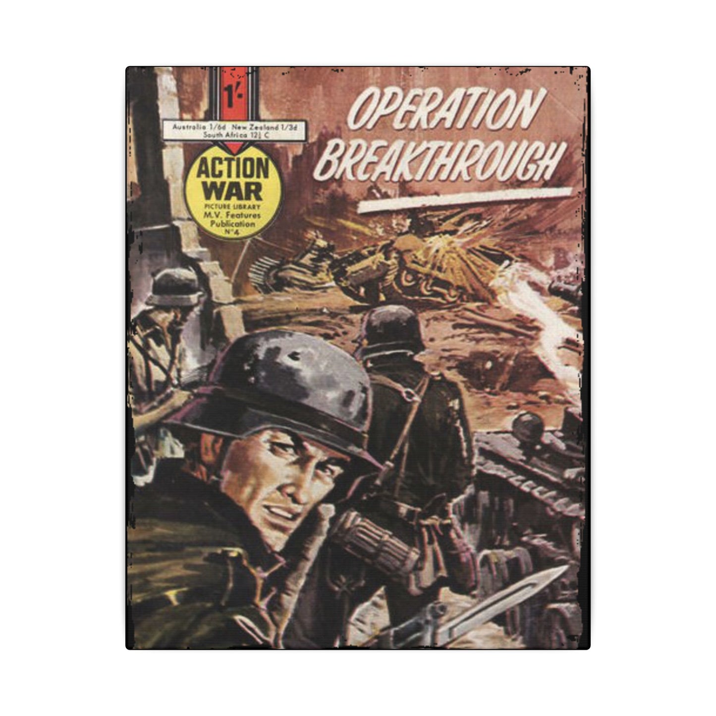 Close-up of textured canvas surface highlighting the detailed brushstroke pattern on the Action War #4 print panel