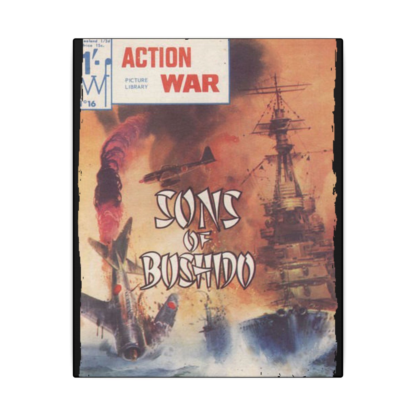 Close-up of the Canvas texture with visible stitched edges and vibrant color detail from the top corner of Action War #16