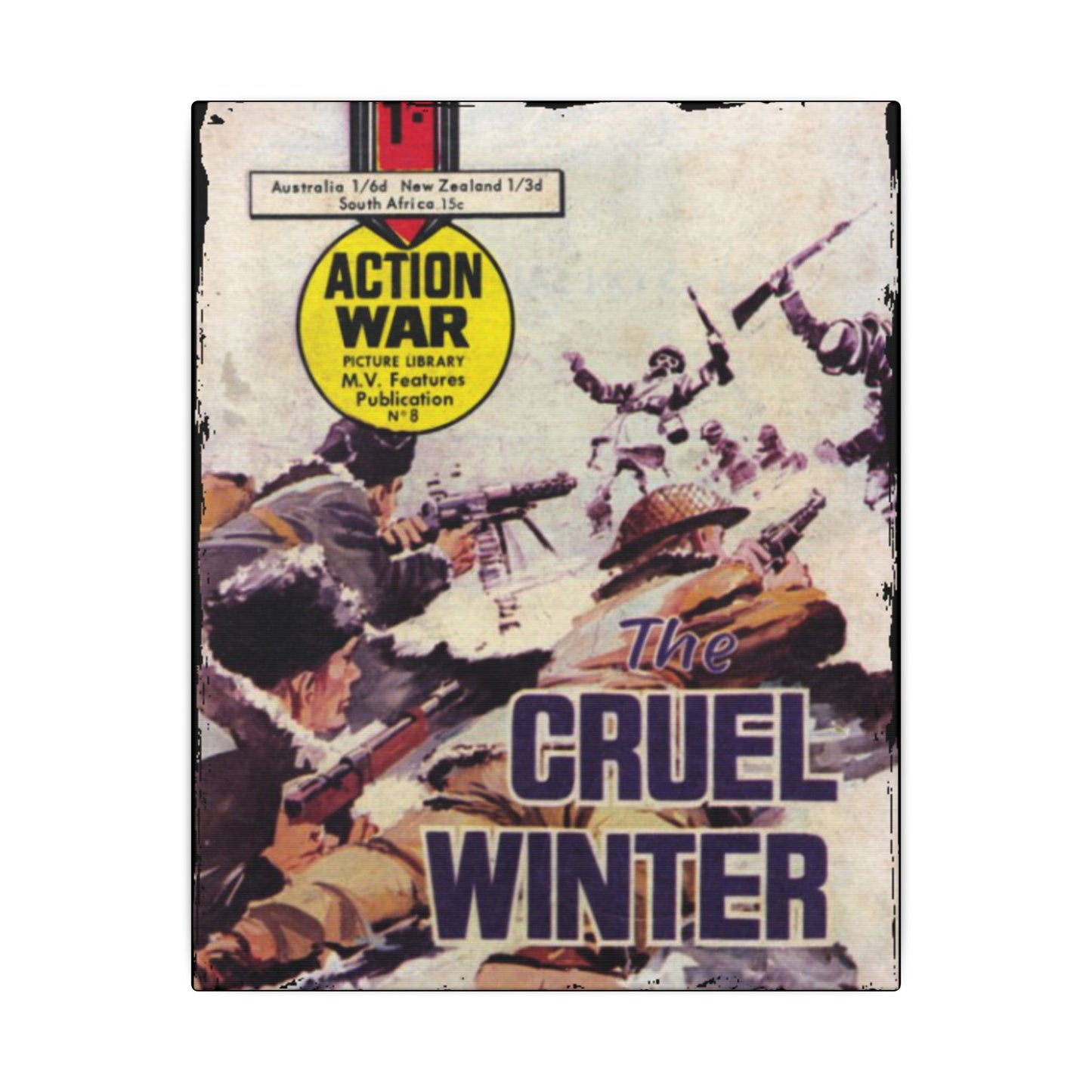 Close-up of the textured canvas surface highlighting vibrant color details and fine fabric weave of Action War #8 print.