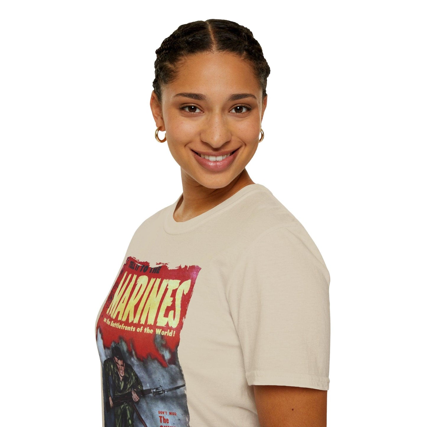 Person wearing a t-shirt with a graphic design on a white background