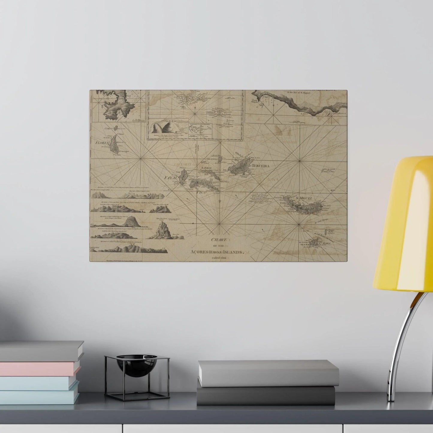 Detailed aerial view highlighting the vibrant island clusters and surrounding nautical chart borders on the canvas print.