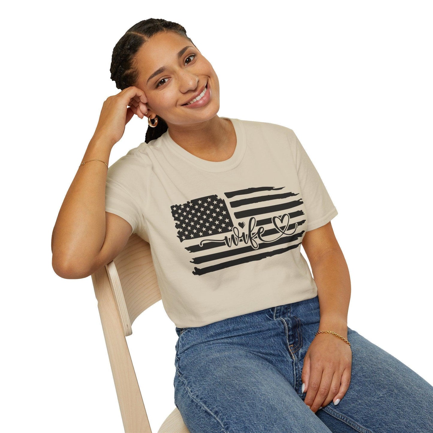 Close-up of distressed black-and-white American flag graphic on the front of the unisex softstyle T-shirt, highlighting