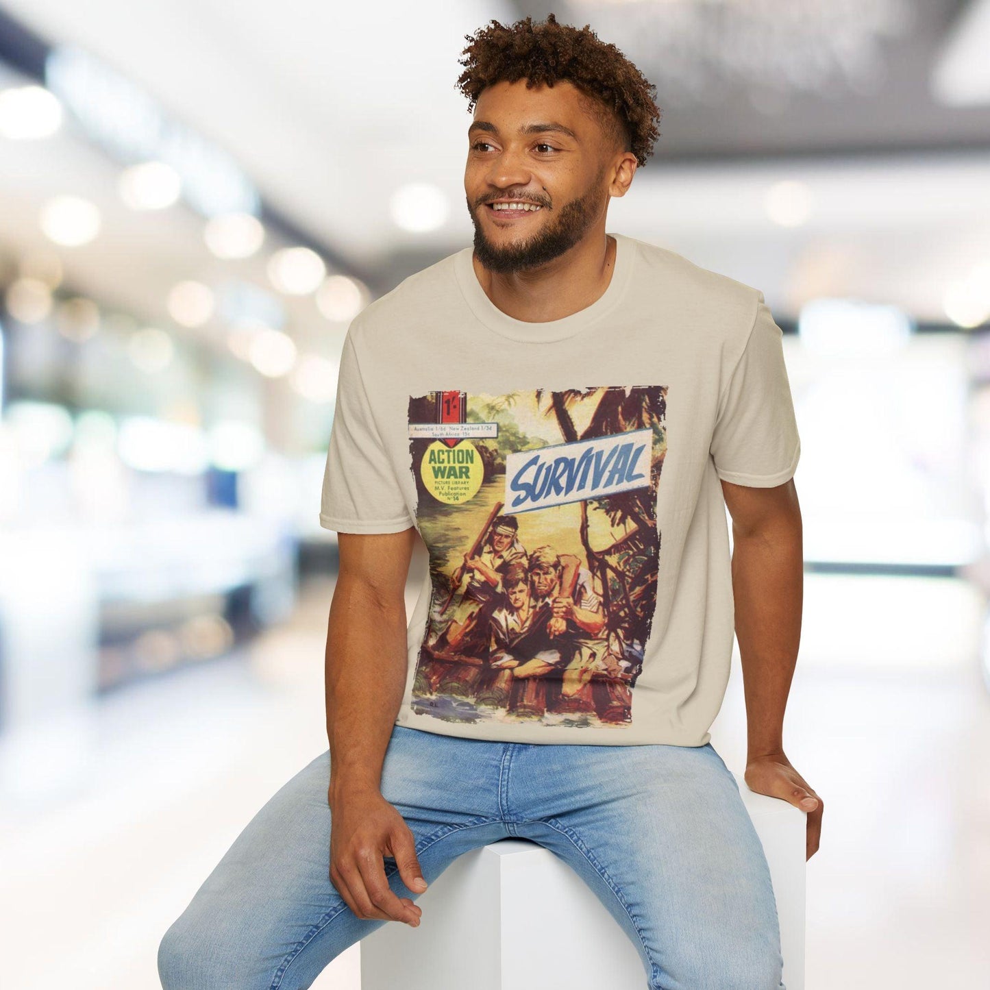 Close-up of the unisex softstyle T-shirt’s navy fabric displaying subtle heather texture and comfortable relaxed fit from a