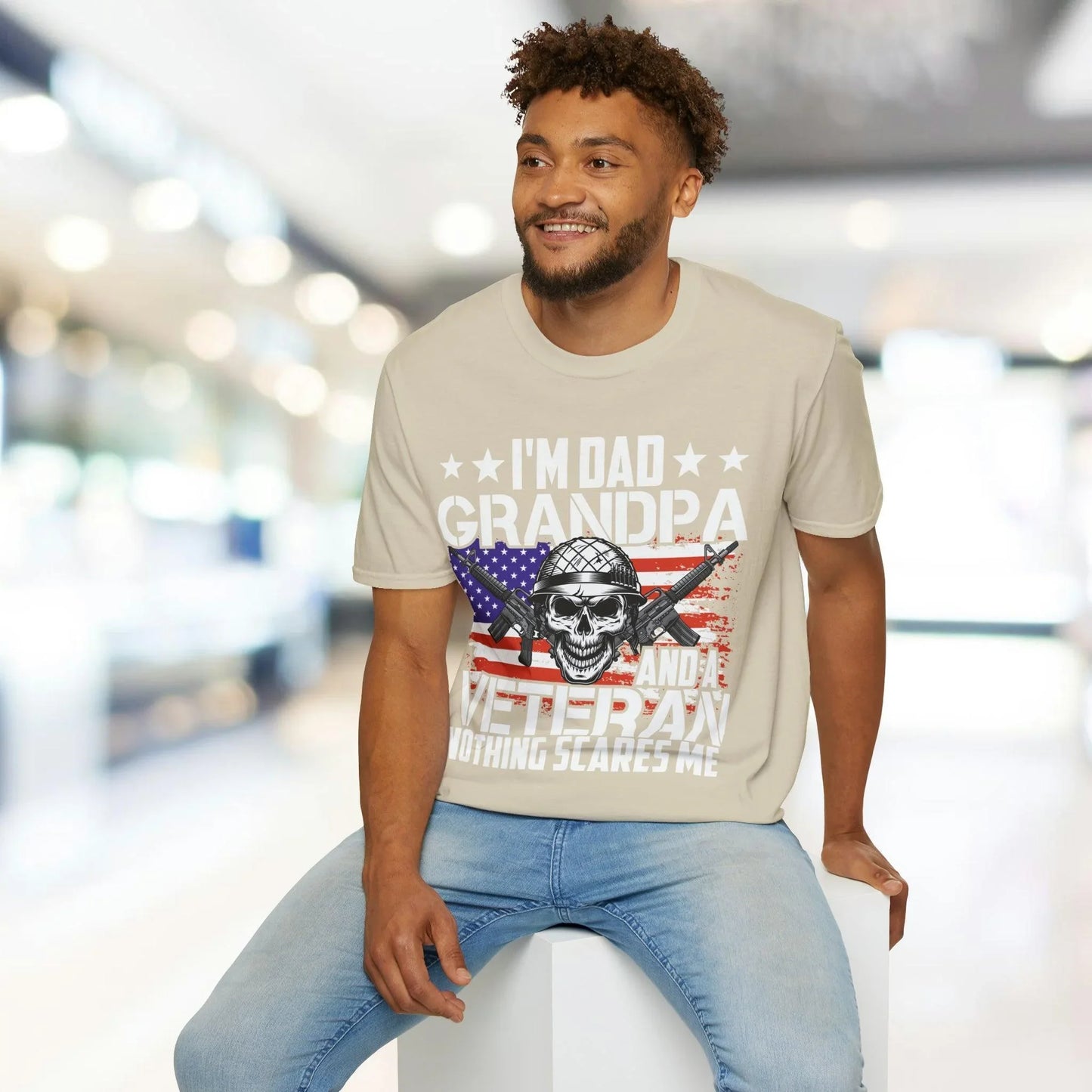 Close-up of the navy Dad Grandpa Veteran T-shirt's textured fabric weave and reinforced neckline stitching detail from a