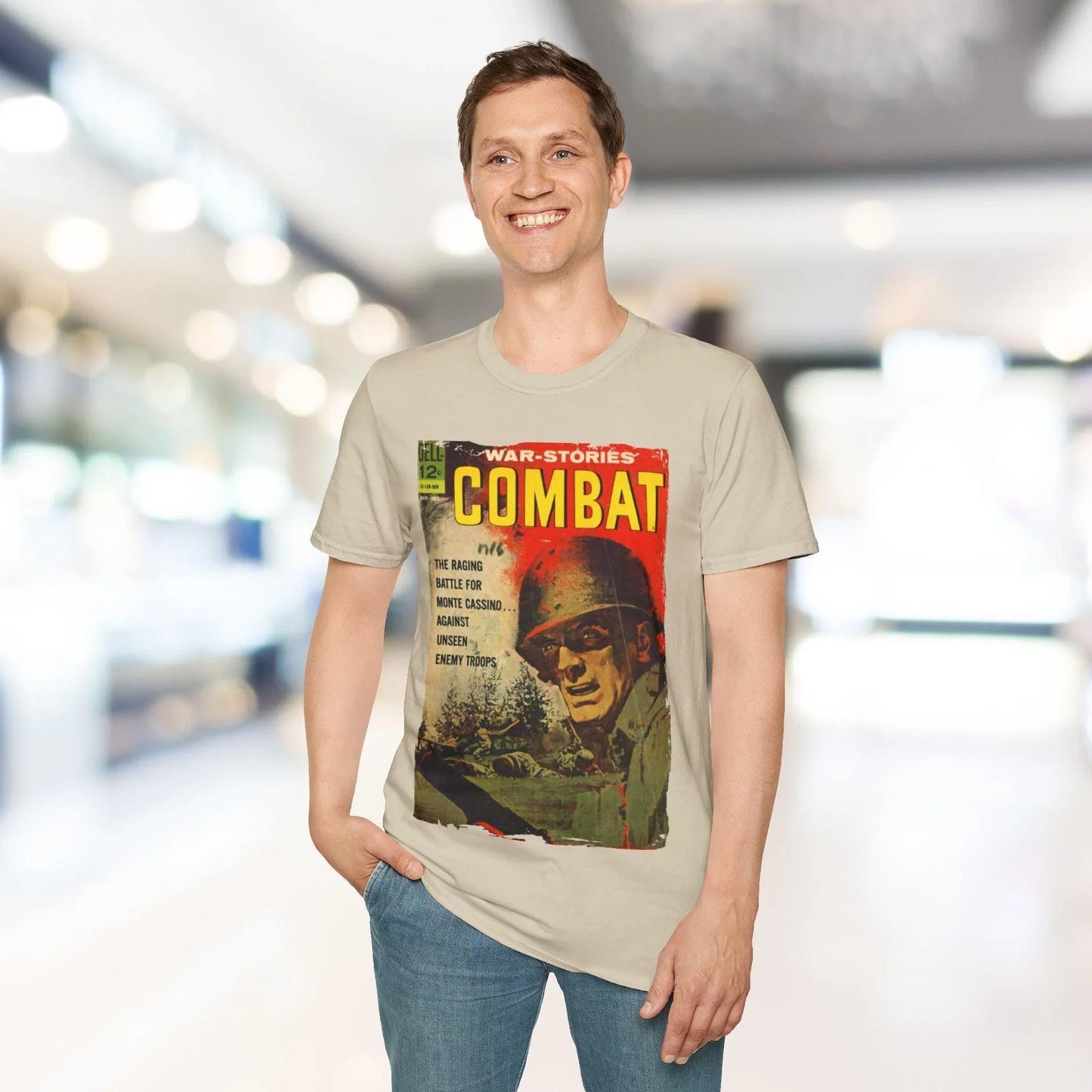 Close-up of the Combat Sept 1963 unisex T-shirt fabric showing soft, smooth cotton blend texture and subtle stitching