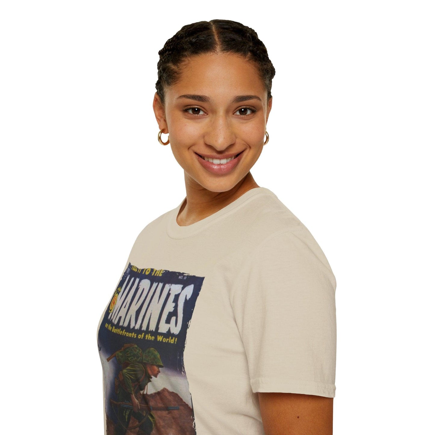 Woman wearing a t-shirt with a graphic design on a white background