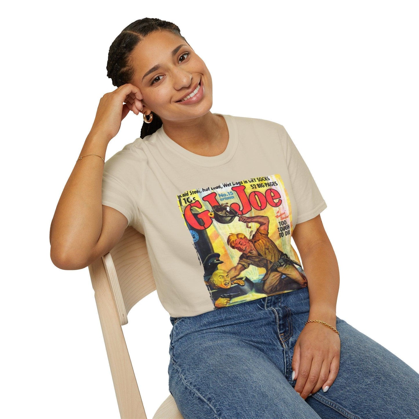 Close-up of the G.I. Joe No.15 softstyle T-shirt’s sewn neckline with visible double-stitched seams and fabric texture in