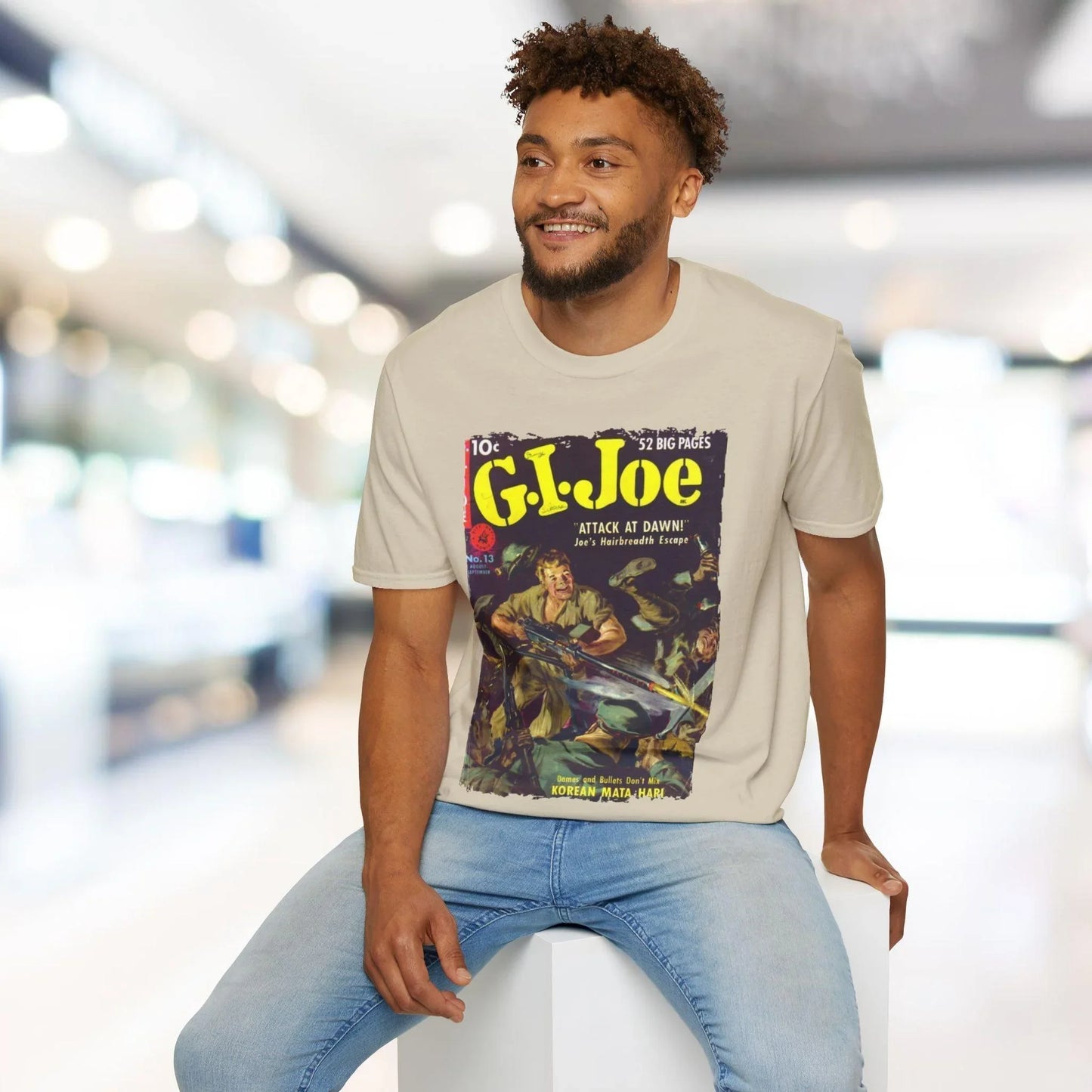 Close-up of the G.I. Joe No.13 T-shirt’s lightweight cotton fabric displaying textured surface and relaxed fit neckline from