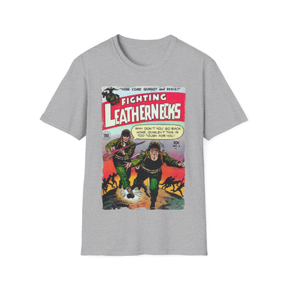 Close-up of the Fighting Leathernecks #2 unisex softstyle T-shirt's label stitched on the navy fabric with a small logo