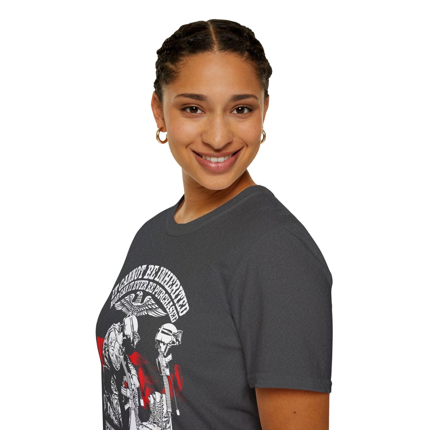 Close-up of the soft tri-blend fabric collar with reinforced stitching and subtle brand logo tag on the relaxed-fit charcoal