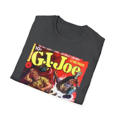 Close-up of the G.I. Joe No.11 softstyle T-shirt’s relaxed fit neckline and vibrant red color from a front angle perspective.
